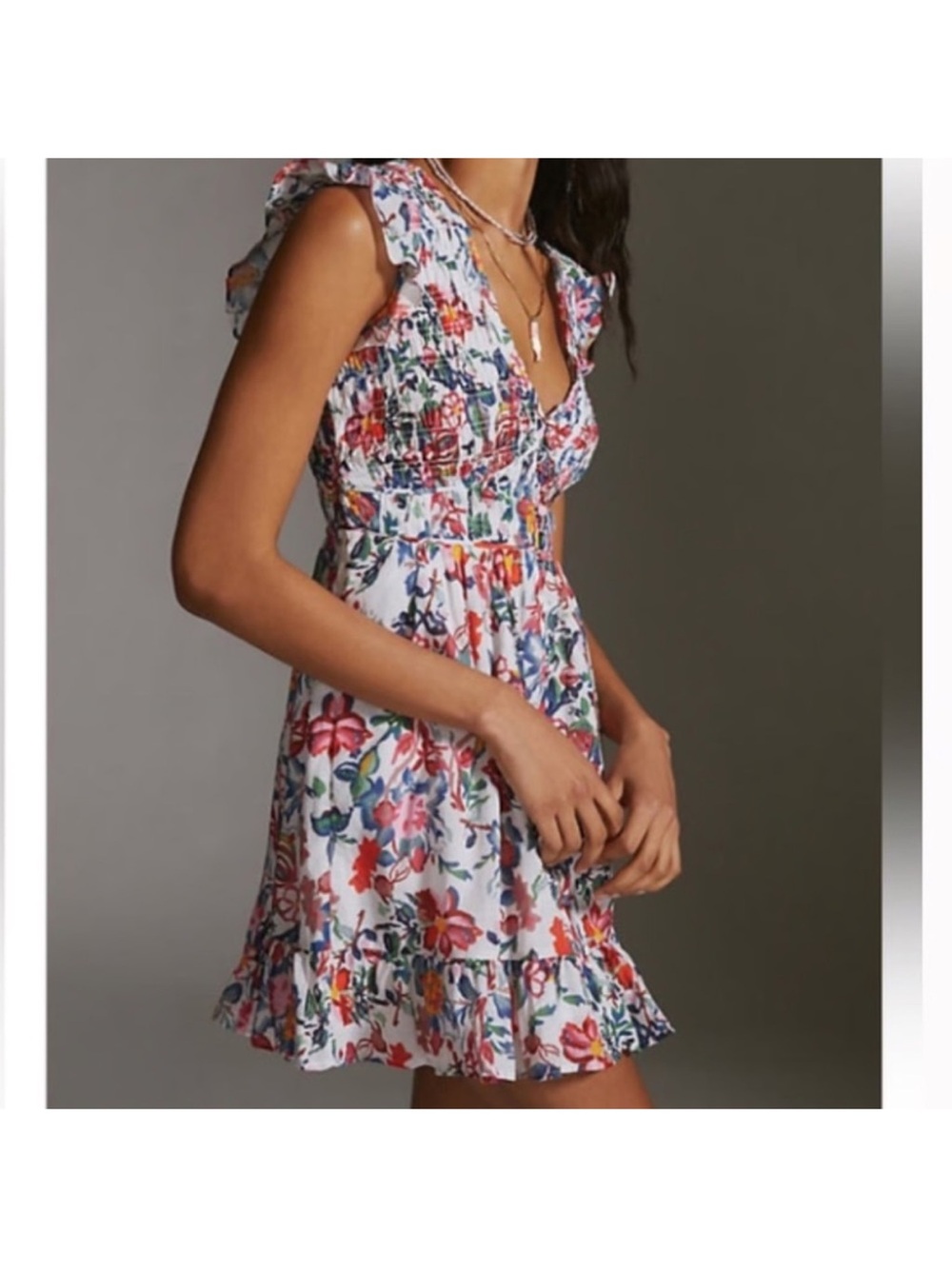 Anthropologie White Floral Smocked Mini Dress